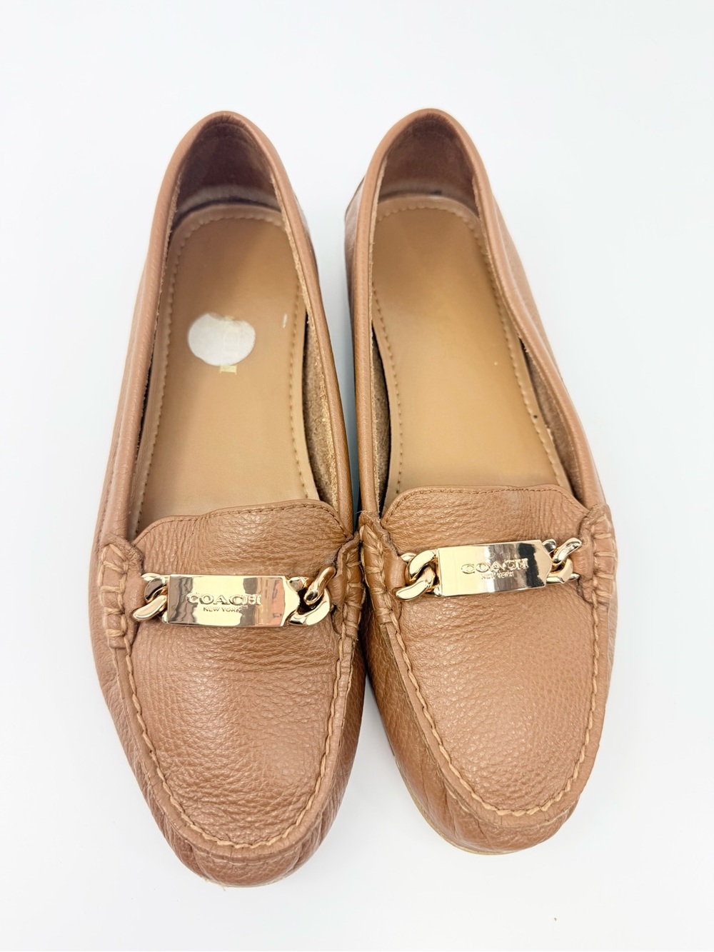Coach OLIVE Brown Pebbled Soft Leather Chain Logo Plate Bit Toe Driving Loafers